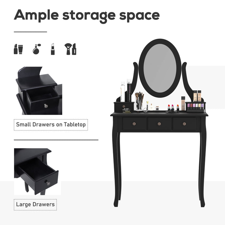 Modern Sleek Vanity Makeup Bedroom Dressing Room Table Set w/ Matching Stool - Black