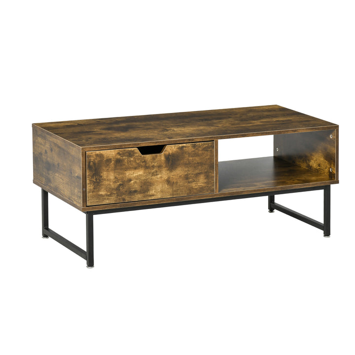 Industrial Coffee Accent Table w Distressed Wood Finish, Drawer, Storage, Metal Frame - Brown