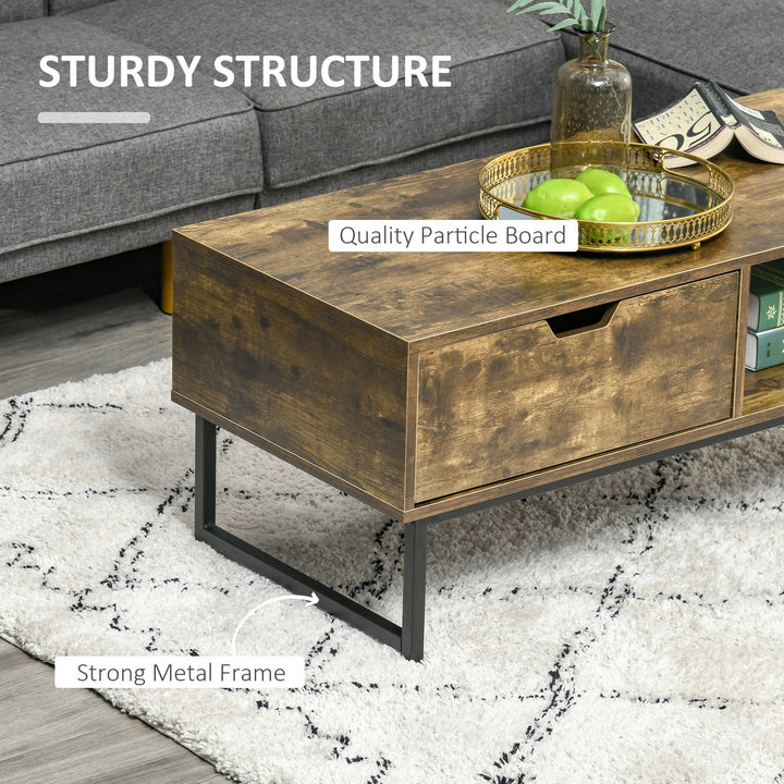 Industrial Coffee Accent Table w Distressed Wood Finish, Drawer, Storage, Metal Frame - Brown