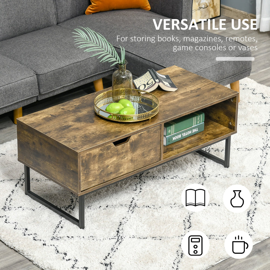Industrial Coffee Accent Table w Distressed Wood Finish, Drawer, Storage, Metal Frame - Brown