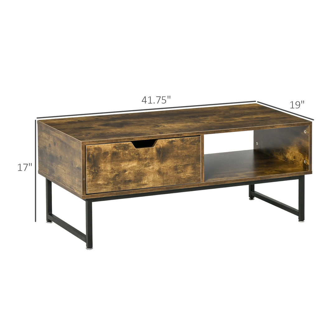 Industrial Coffee Accent Table w Distressed Wood Finish, Drawer, Storage, Metal Frame - Brown