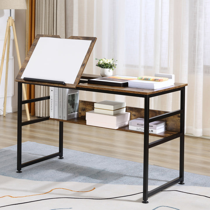 Adjustable Drafting Art Craft Table Desk for Writing, Drawing, Painting w Storage, Rustic Brown