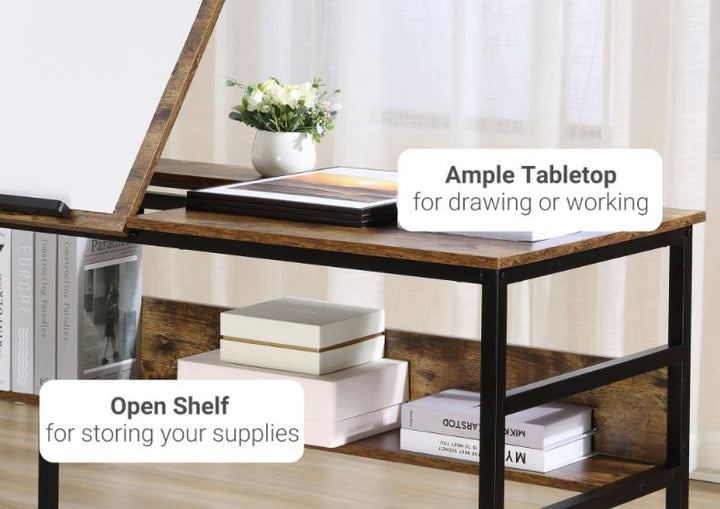 Adjustable Drafting Art Craft Table Desk for Writing, Drawing, Painting w Storage, Rustic Brown