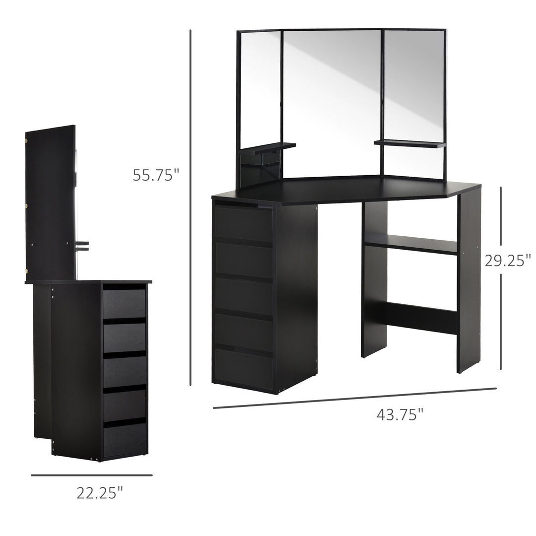 Modern Elegant Vanity Storage Dressing Table w/ Tri-Fold Mirror, 2 Shelves, & 5 Drawers - Black