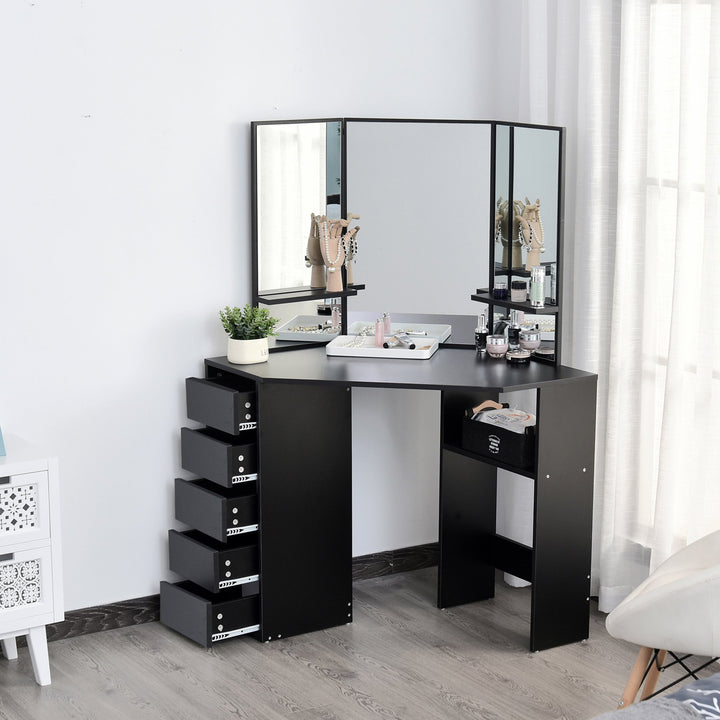 Modern Elegant Vanity Storage Dressing Table w/ Tri-Fold Mirror, 2 Shelves, & 5 Drawers - Black
