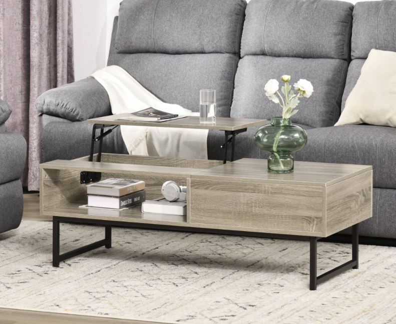 Modern Lift Top Coffee Table & Dual Desk Workspaces w/ Hidden Storage Compartment - Grey