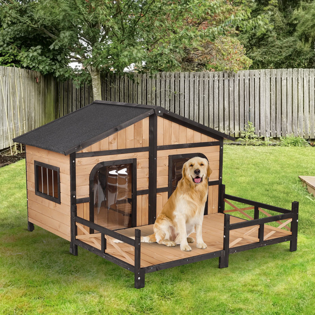 Outdoor Rustic Elevated Wooden Pet Cabin/Dog House w/ Porch and Windows - Wood Grain and Black