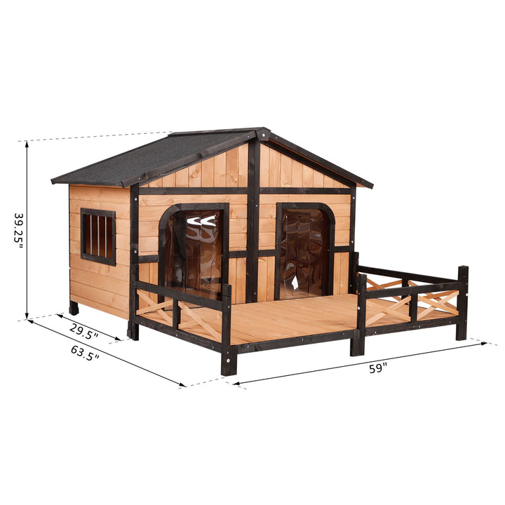 Outdoor Rustic Elevated Wooden Pet Cabin/Dog House w/ Porch and Windows - Wood Grain and Black