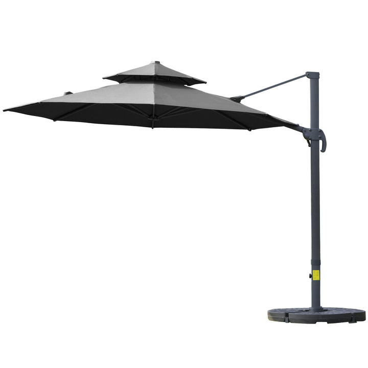 11ft Round Rotating Tilt Offset Cantilever 2-Tier Umbrella Patio Deck Canopy w Cross Base, Grey