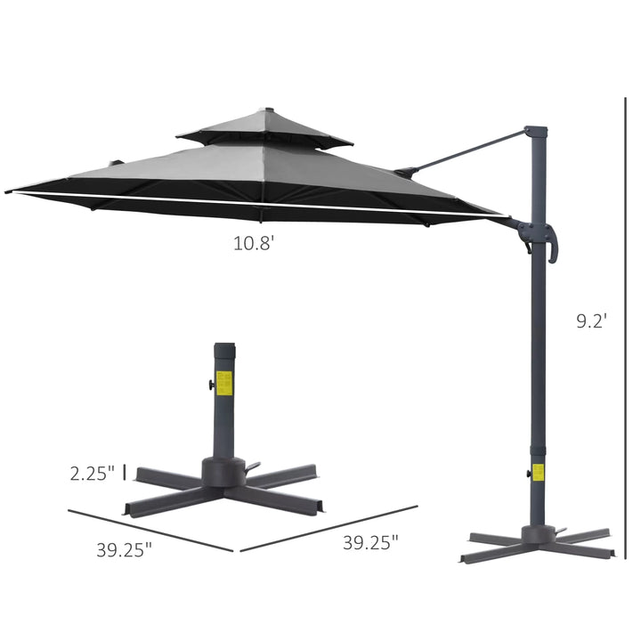 11ft Round Rotating Tilt Offset Cantilever 2-Tier Umbrella Patio Deck Canopy w Cross Base, Grey