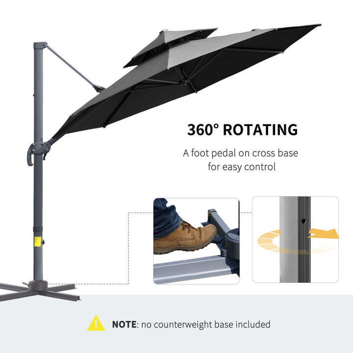 11ft Round Rotating Tilt Offset Cantilever 2-Tier Umbrella Patio Deck Canopy w Cross Base, Grey