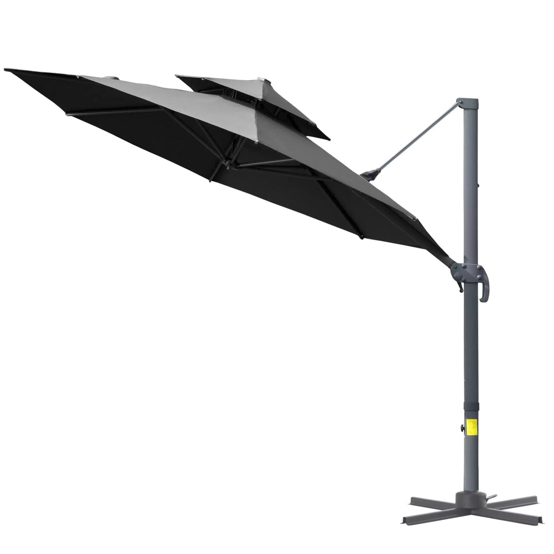 11ft Round Rotating Tilt Offset Cantilever 2-Tier Umbrella Patio Deck Canopy w Cross Base, Grey