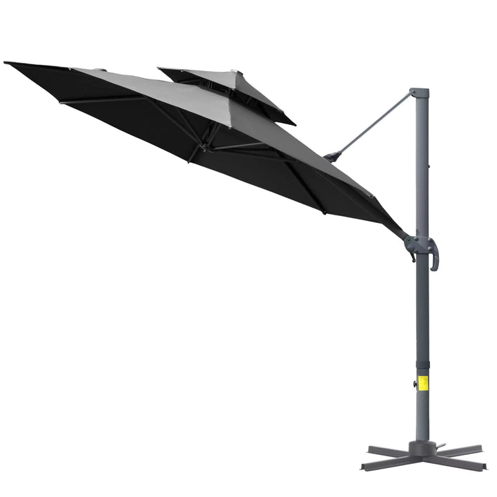 11ft Round Rotating Tilt Offset Cantilever 2-Tier Umbrella Patio Deck Canopy w Cross Base, Grey