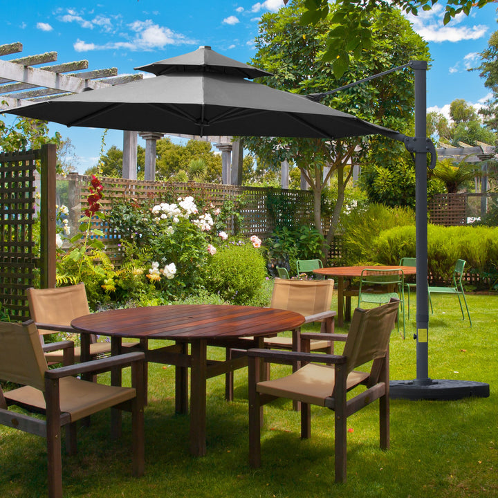 11ft Round Rotating Tilt Offset Cantilever 2-Tier Umbrella Patio Deck Canopy w Cross Base, Grey