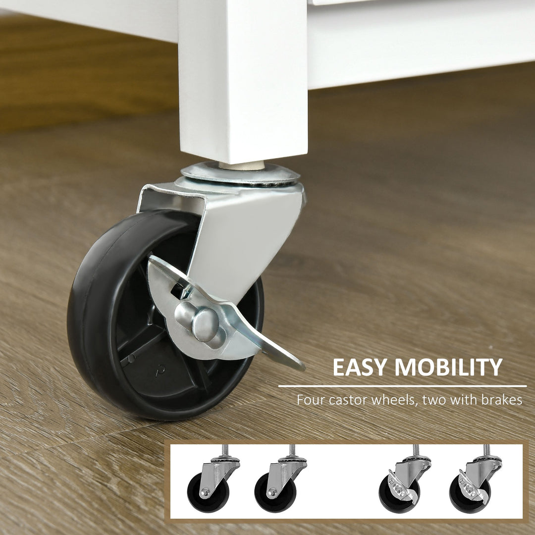 Mobile Rolling Kitchen Cart/Trolley Storage Cabinet w/ Shelf Hooks & Drawer - White and Bamboo
