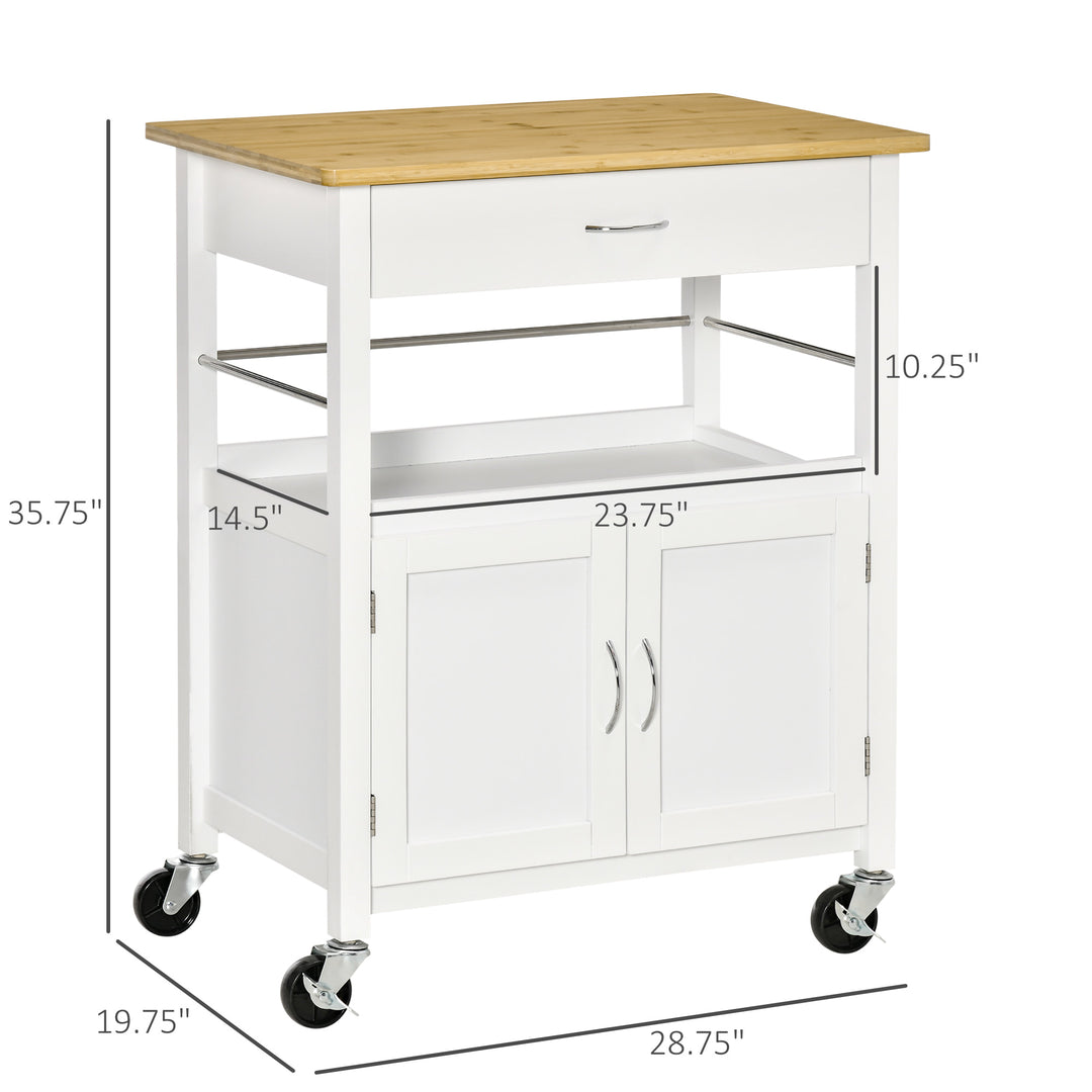 Mobile Rolling Kitchen Cart/Trolley Storage Cabinet w/ Shelf Hooks & Drawer - White and Bamboo