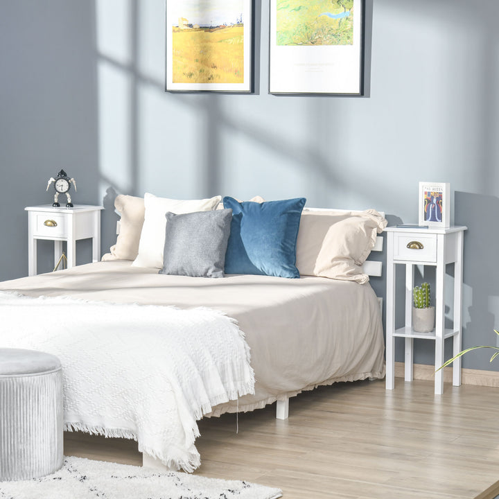 Set of 2 Neutral Slim Compact Wooden Side/End Tables/Nightstands w/ Shelves and Drawers - White