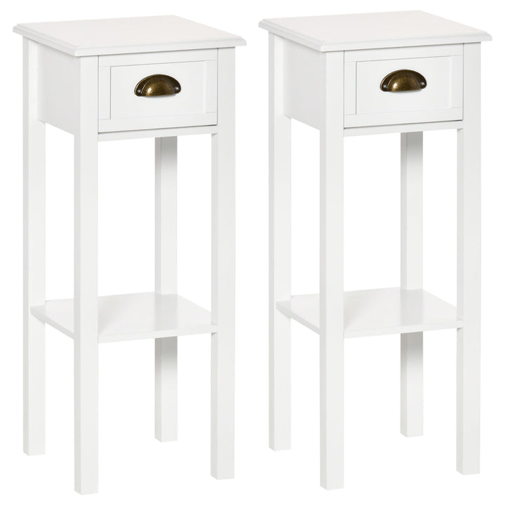 Set of 2 Neutral Slim Compact Wooden Side/End Tables/Nightstands w/ Shelves and Drawers - White