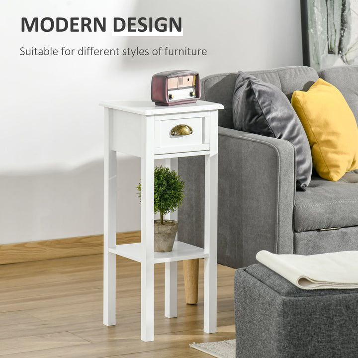 Set of 2 Neutral Slim Compact Wooden Side/End Tables/Nightstands w/ Shelves and Drawers - White