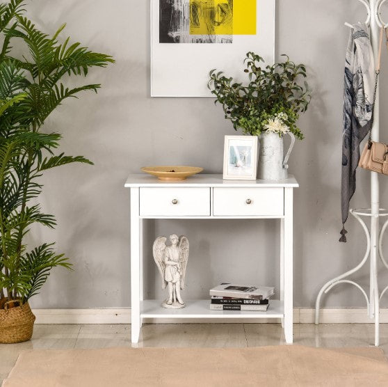 Contemporary Wooden Entryway Sideboard Cabinet Console Table w/ Drawers & Storage Shelf - White