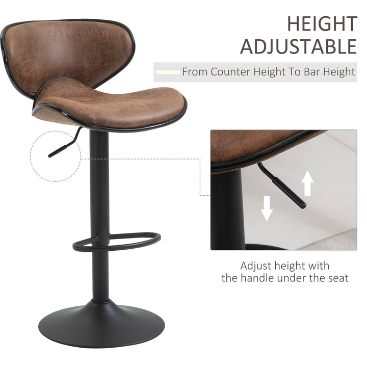 2pc Vintage Bar Stools Adjustable Height Faux Leather Armless Swivel Chairs - Brown