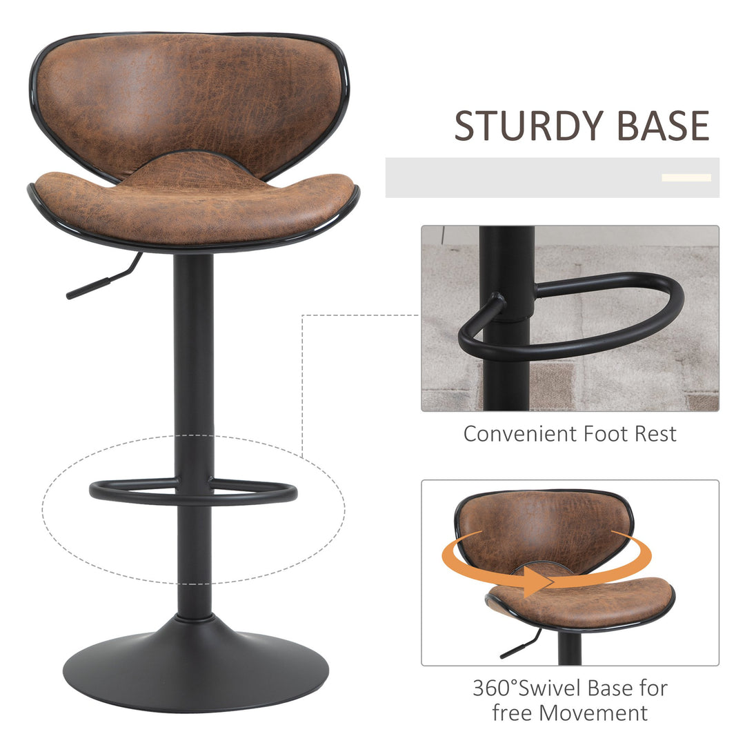 2pc Vintage Bar Stools Adjustable Height Faux Leather Armless Swivel Chairs - Brown