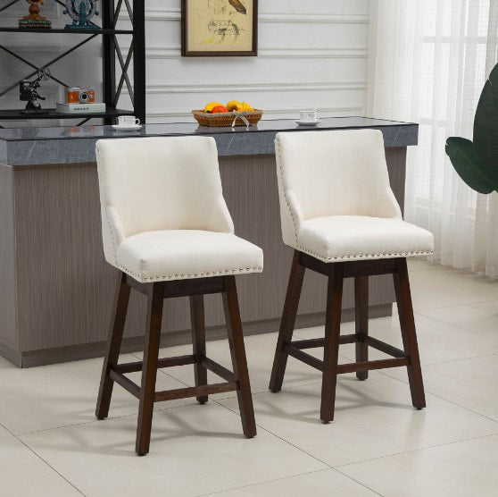 2pc Modern Upholstered Bar Stools Armless Swivel Chairs w/ Nailhead Trim & Wood Legs - White