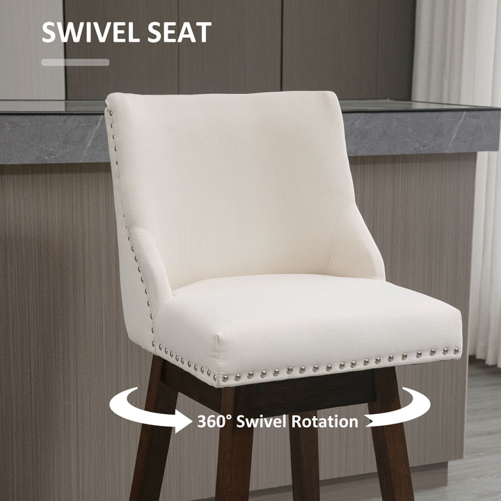 2pc Modern Upholstered Bar Stools Armless Swivel Chairs w/ Nailhead Trim & Wood Legs - White