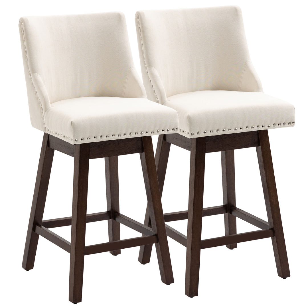 2pc Modern Upholstered Bar Stools Armless Swivel Chairs w/ Nailhead Trim & Wood Legs - White