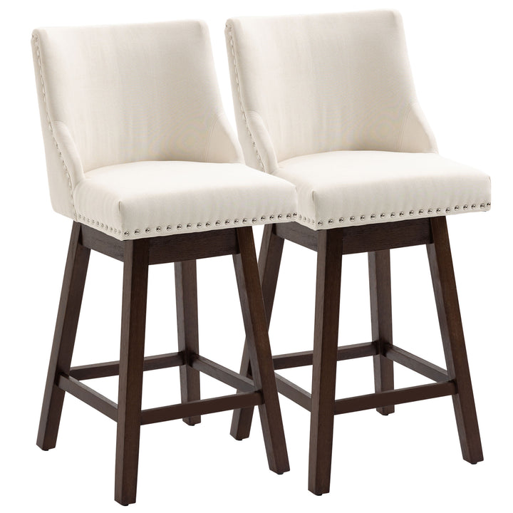 2pc Modern Upholstered Bar Stools Armless Swivel Chairs w/ Nailhead Trim & Wood Legs - White