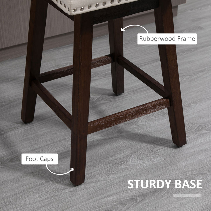 2pc Modern Upholstered Bar Stools Armless Swivel Chairs w/ Nailhead Trim & Wood Legs - White