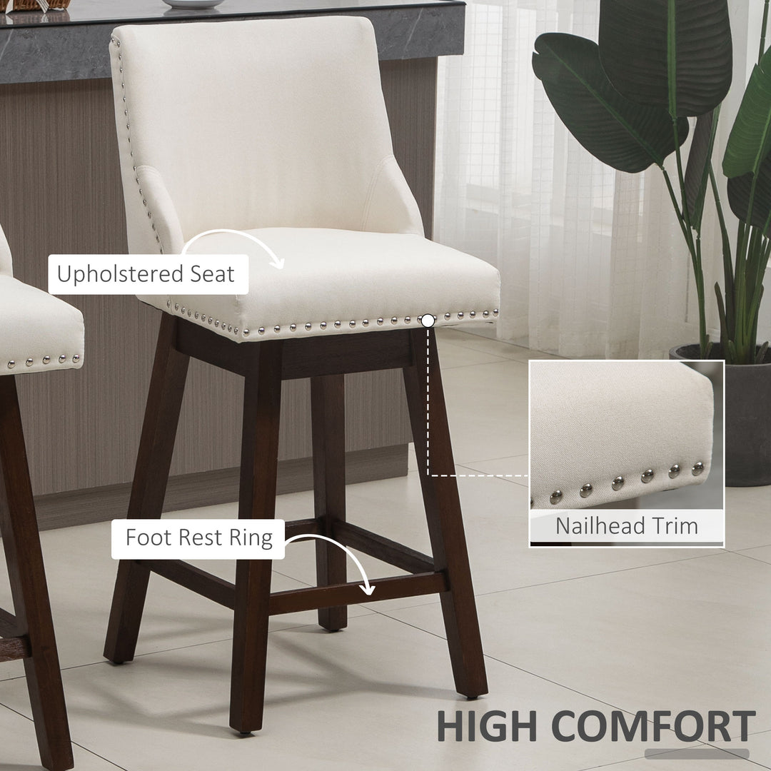2pc Modern Upholstered Bar Stools Armless Swivel Chairs w/ Nailhead Trim & Wood Legs - White