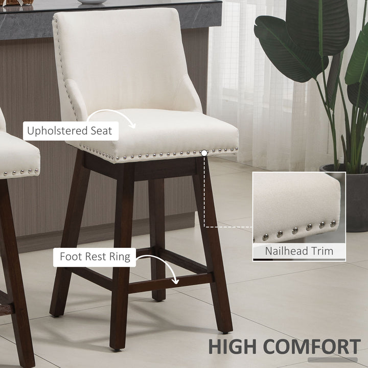 2pc Modern Upholstered Bar Stools Armless Swivel Chairs w/ Nailhead Trim & Wood Legs - White