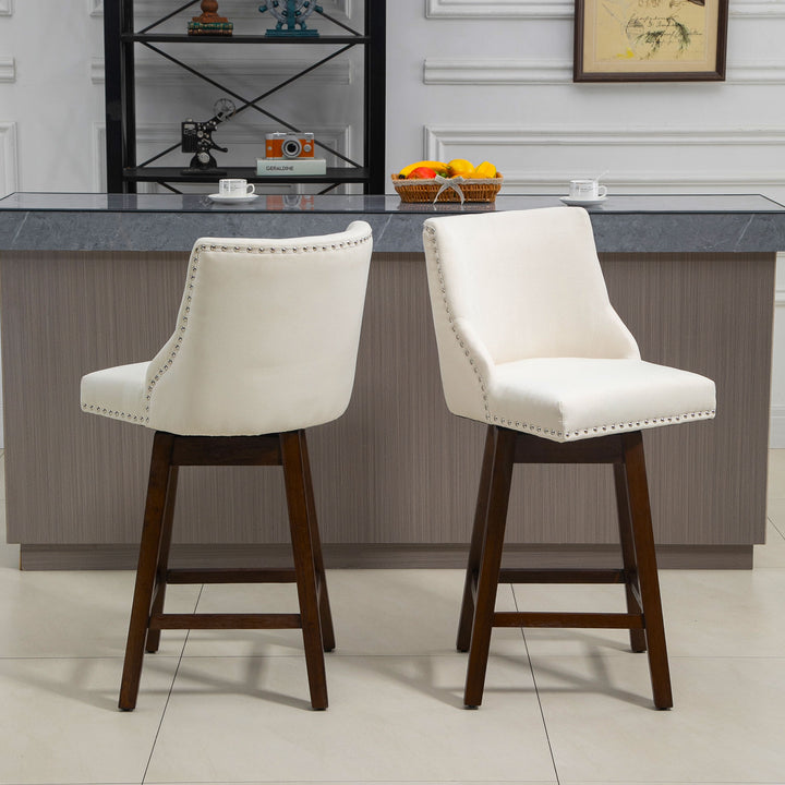 2pc Modern Upholstered Bar Stools Armless Swivel Chairs w/ Nailhead Trim & Wood Legs - White