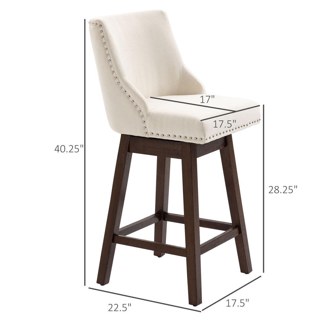 2pc Modern Upholstered Bar Stools Armless Swivel Chairs w/ Nailhead Trim & Wood Legs - White
