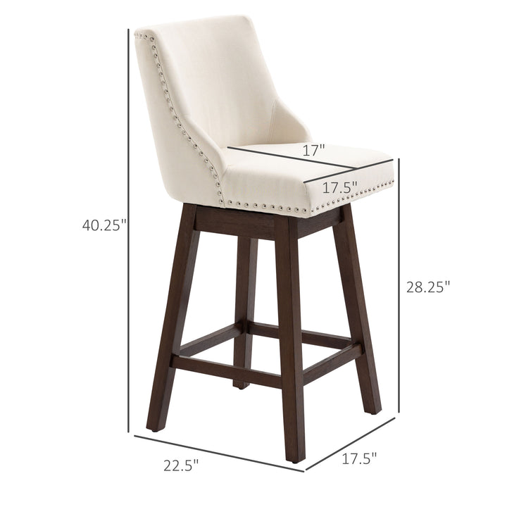 2pc Modern Upholstered Bar Stools Armless Swivel Chairs w/ Nailhead Trim & Wood Legs - White