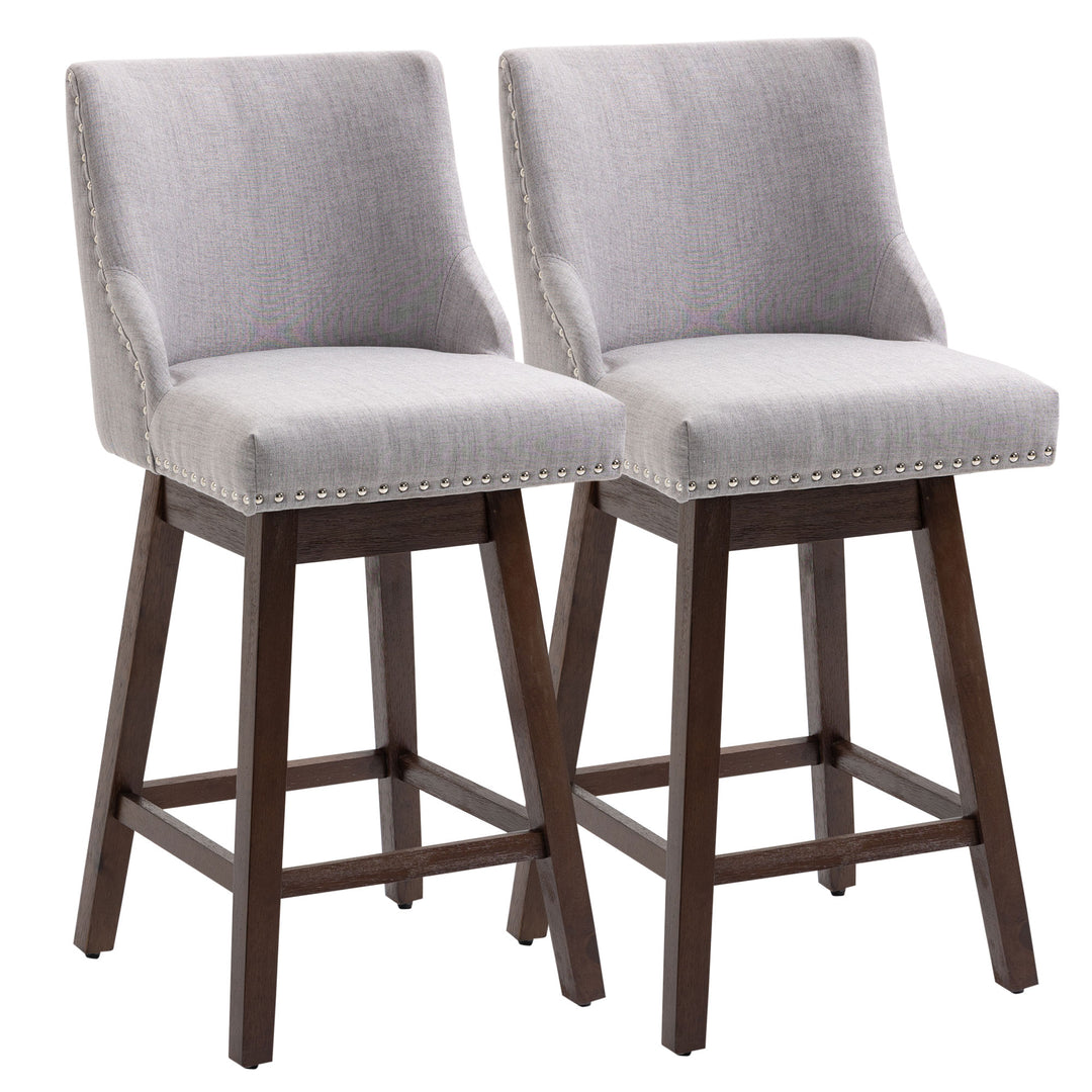 2pc Modern Upholstered Bar Stools Armless Swivel Chairs w/ Nailhead Trim & Wood Legs - Grey