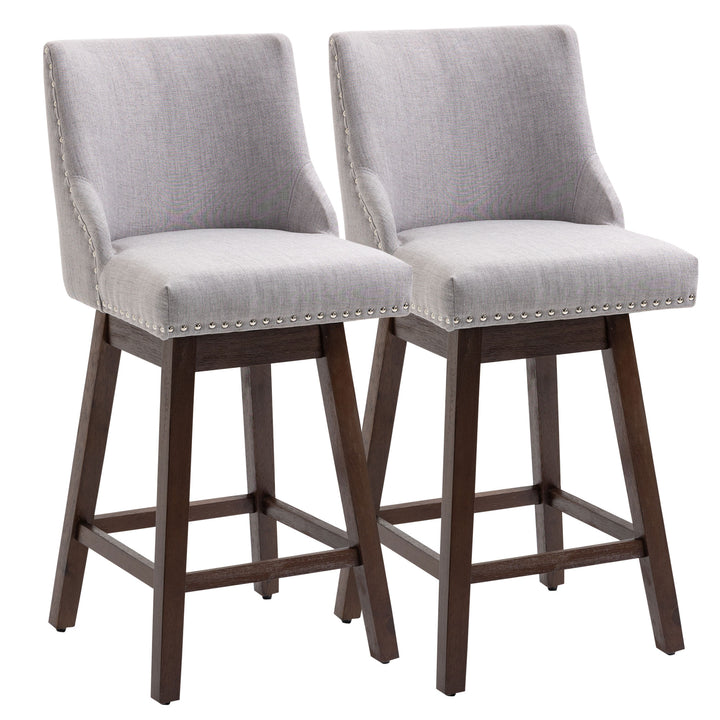 2pc Modern Upholstered Bar Stools Armless Swivel Chairs w/ Nailhead Trim & Wood Legs - Grey