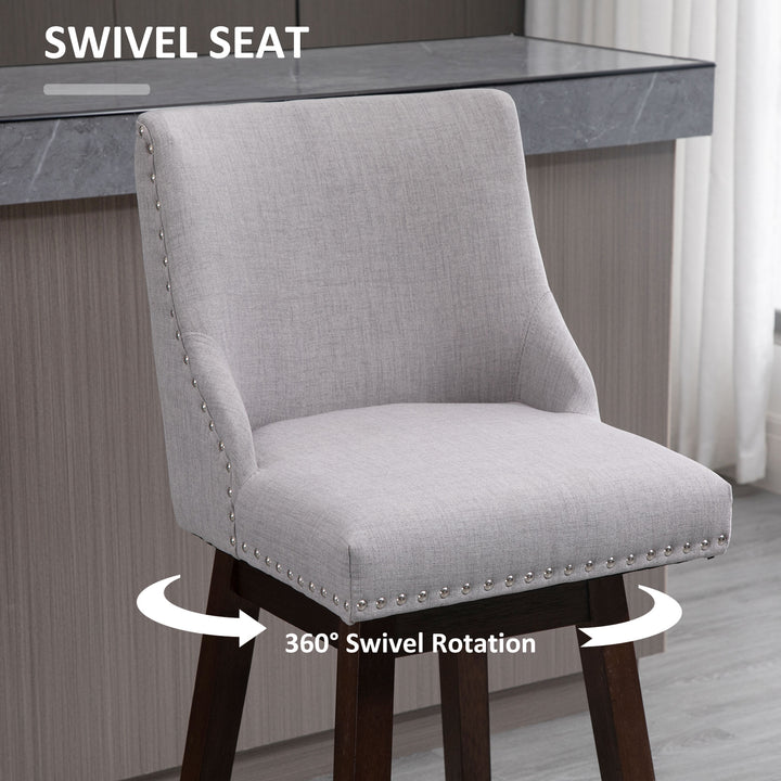 2pc Modern Upholstered Bar Stools Armless Swivel Chairs w/ Nailhead Trim & Wood Legs - Grey