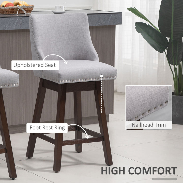 2pc Modern Upholstered Bar Stools Armless Swivel Chairs w/ Nailhead Trim & Wood Legs - Grey