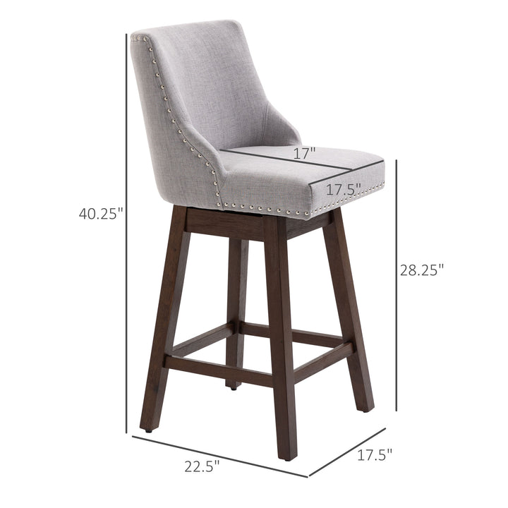 2pc Modern Upholstered Bar Stools Armless Swivel Chairs w/ Nailhead Trim & Wood Legs - Grey