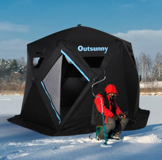 4-6 Person Pop Up Portable Ice Fishing Tent Shelter w/ Windows Doors Ventilation & Bag - Black