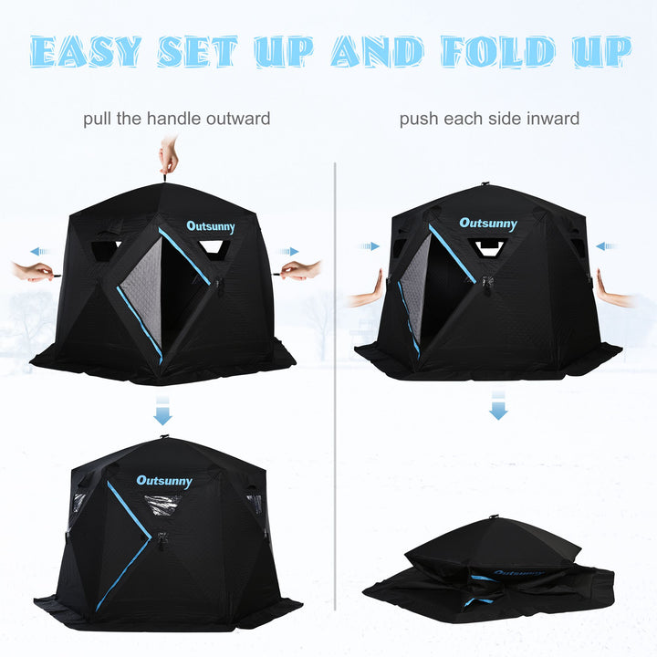 4-6 Person Pop Up Portable Ice Fishing Tent Shelter w/ Windows Doors Ventilation & Bag - Black