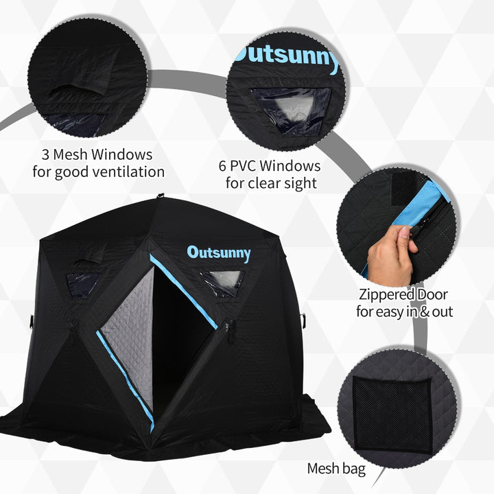 4-6 Person Pop Up Portable Ice Fishing Tent Shelter w/ Windows Doors Ventilation & Bag - Black