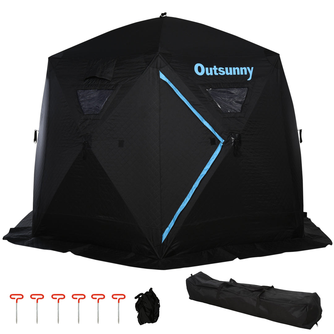 4-6 Person Pop Up Portable Ice Fishing Tent Shelter w/ Windows Doors Ventilation & Bag - Black
