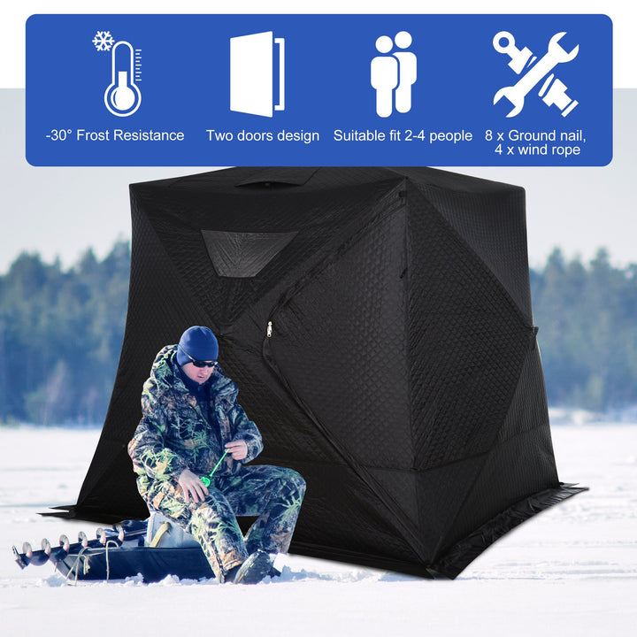 2-4 Person Pop Up Portable Ice Fishing Tent Shelter w Windows Doors Ventilation & Bag - Black