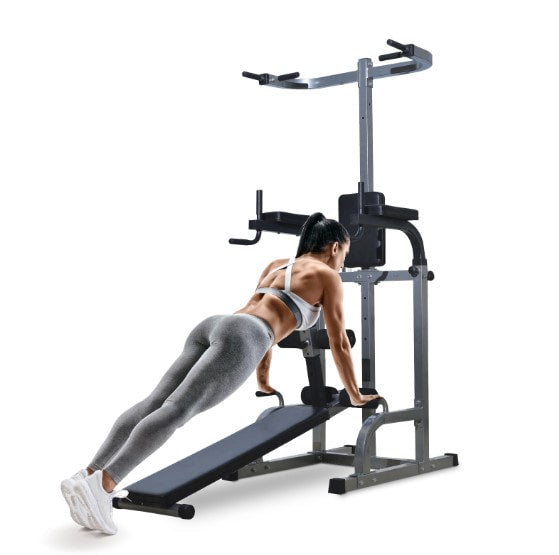 Power Tower Home Gym Dip Station Sit-up Bench Pull-up Bar Combo Exercise Fitness - Grey Black
