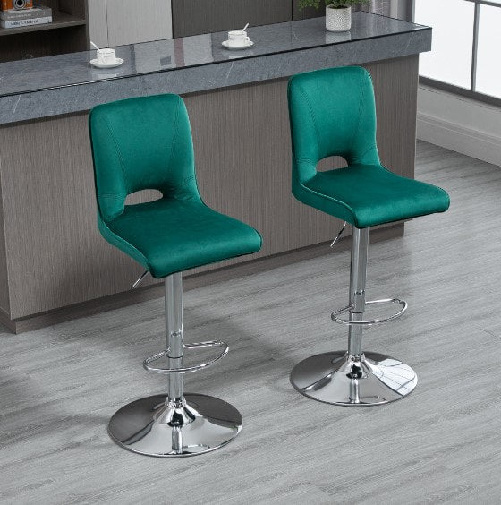 Set of 2 Modern Bar Stools Upholstered Adjustable Height w/ Footrest Swivel Seat - Green