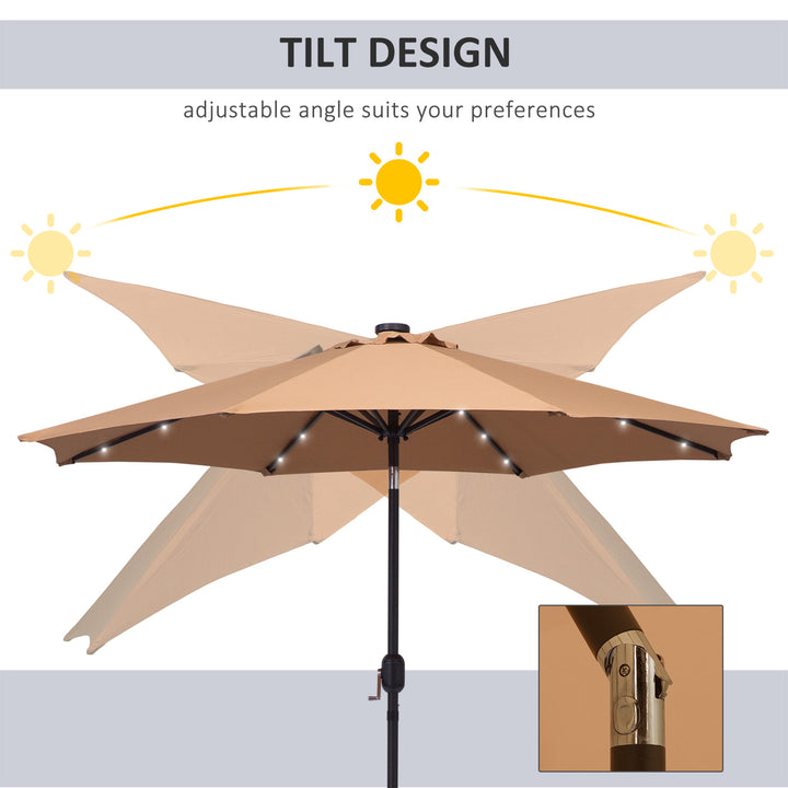 9ft Round Tilting Patio Deck Umbrella Canopy Garden Shade w Solar LED Lights, Crank - Tan Brown