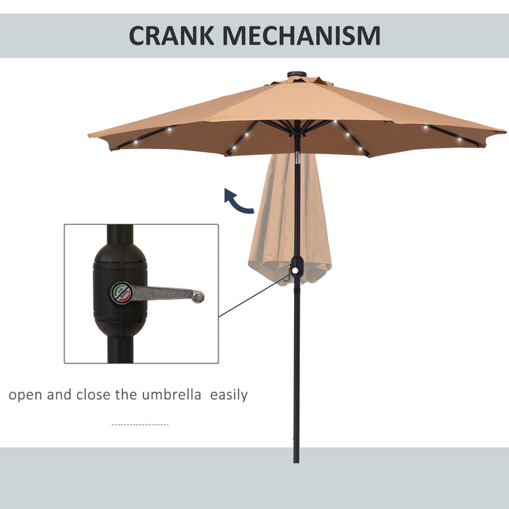 9ft Round Tilting Patio Deck Umbrella Canopy Garden Shade w Solar LED Lights, Crank - Tan Brown